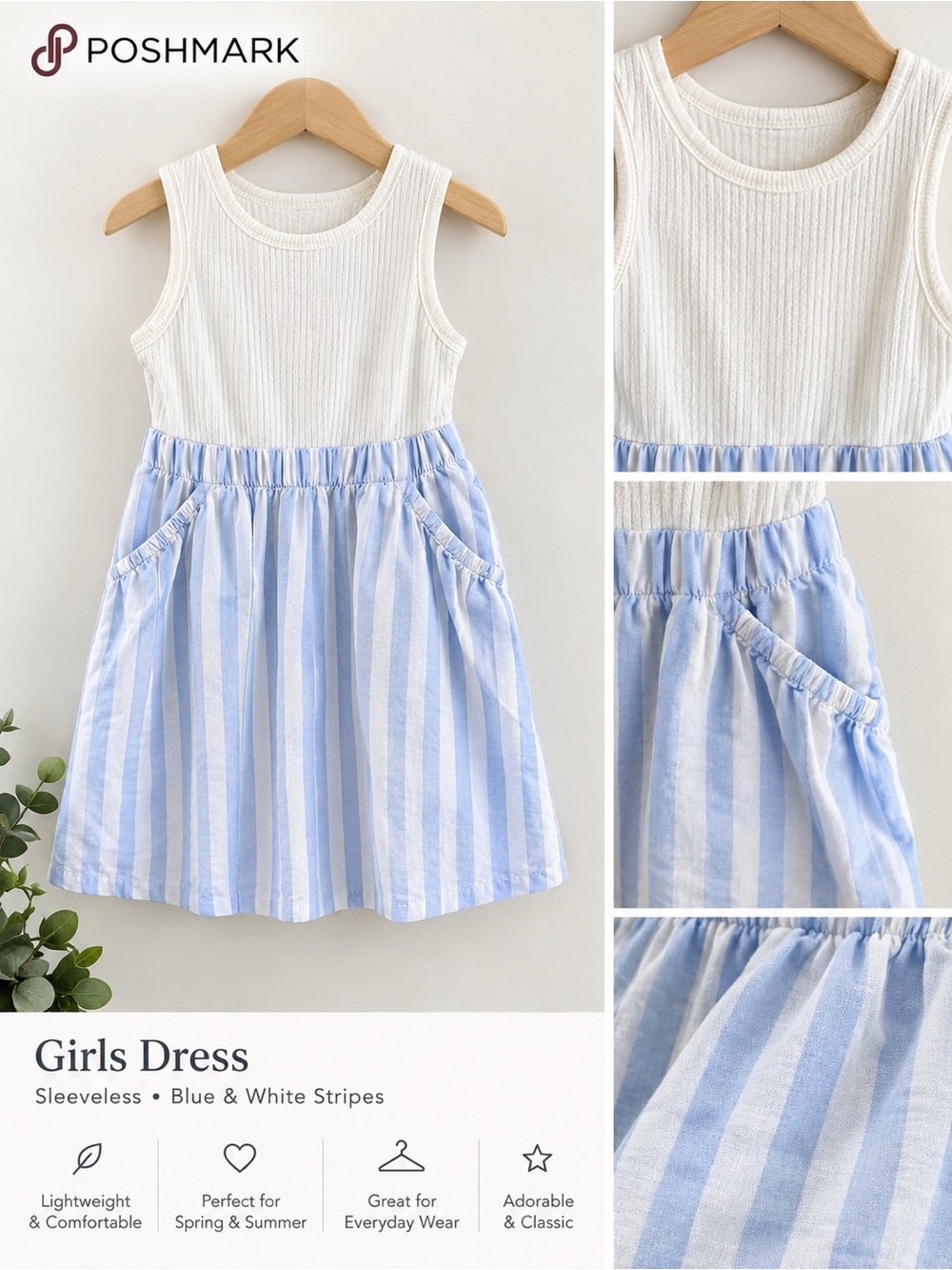Beautiful Zara Sleeveless Blue & White Striped Girls Dress size 6